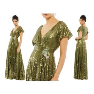 Mac Duggal 10773 Olive Green Sequin Butterfly Sleeve Faux Wrap Dress Size 4 $598